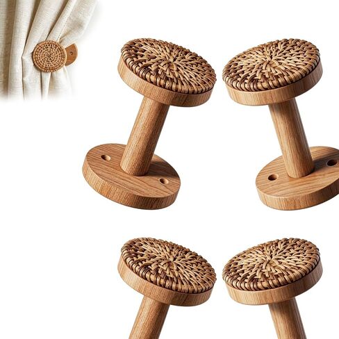 4-piece Curtain fixtures, Curtain Rod on the wall - Boho Rattan Curtain Hooks with Wooden Base, Decorative Handmade Curtain tiebacks, Bohemian Home Decor for Bedroom, Living Room and Study. in Saudi Arabia