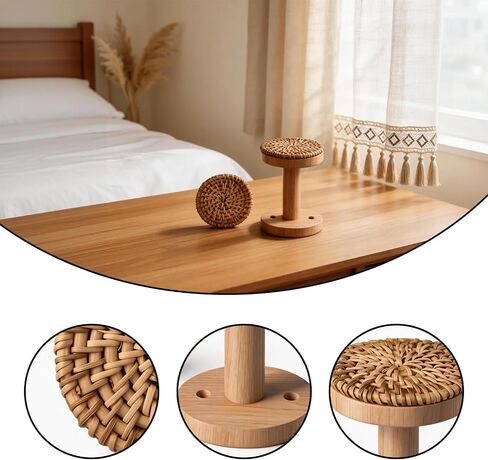 4-piece Curtain fixtures, Curtain Rod on the wall - Boho Rattan Curtain Hooks with Wooden Base, Decorative Handmade Curtain tiebacks, Bohemian Home Decor for Bedroom, Living Room and Study. in Saudi Arabia