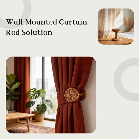 4-piece Curtain fixtures, Curtain Rod on the wall - Boho Rattan Curtain Hooks with Wooden Base, Decorative Handmade Curtain tiebacks, Bohemian Home Decor for Bedroom, Living Room and Study. in Saudi Arabia