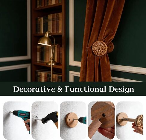 4-piece Curtain fixtures, Curtain Rod on the wall - Boho Rattan Curtain Hooks with Wooden Base, Decorative Handmade Curtain tiebacks, Bohemian Home Decor for Bedroom, Living Room and Study. in Saudi Arabia