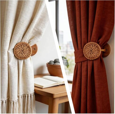 4-piece Curtain fixtures, Curtain Rod on the wall - Boho Rattan Curtain Hooks with Wooden Base, Decorative Handmade Curtain tiebacks, Bohemian Home Decor for Bedroom, Living Room and Study. in Saudi Arabia