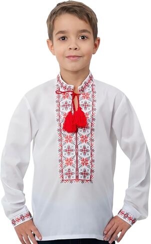 Skrynia Boys' White Embroidered Shirt Red Black Geometric Vyshyvanka Long Sleeve School & Holiday Top Comfortable Fit in Saudi Arabia