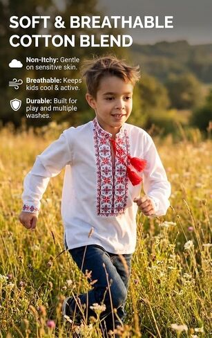 Skrynia Boys' White Embroidered Shirt Red Black Geometric Vyshyvanka Long Sleeve School & Holiday Top Comfortable Fit in Saudi Arabia