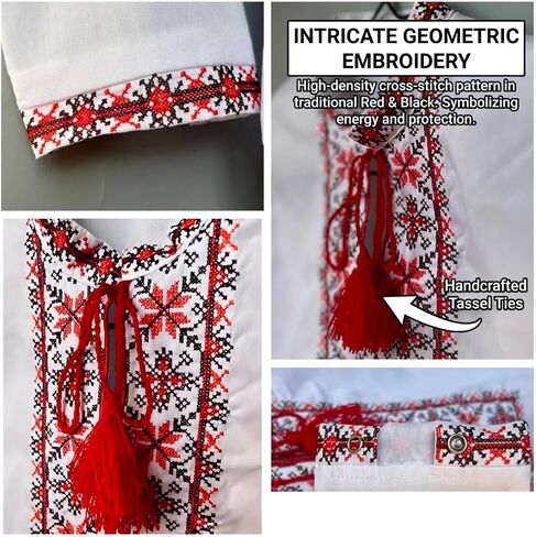 Skrynia Boys' White Embroidered Shirt Red Black Geometric Vyshyvanka Long Sleeve School & Holiday Top Comfortable Fit in Saudi Arabia