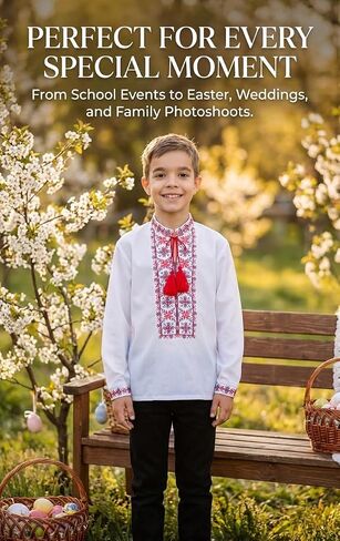 Skrynia Boys' White Embroidered Shirt Red Black Geometric Vyshyvanka Long Sleeve School & Holiday Top Comfortable Fit in Saudi Arabia