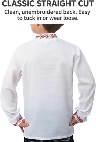 Skrynia Boys' White Embroidered Shirt Red Black Geometric Vyshyvanka Long Sleeve School & Holiday Top Comfortable Fit in Saudi Arabia