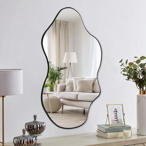 Tanmicoshomy White Irregular Wall Mirror 24x36 Inch, Cloud Shaped Frame Asymmetrical Wavy Mirror with Tempered Glass for Bathroom Bedroom Living Room or Entryway in Saudi Arabia