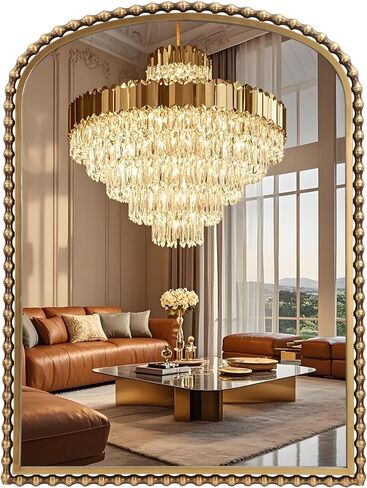 30x40 Inch Arched Wall Mirror, Antique Gold Beaded Metal Frame, Large Vertical Wall Mirror for Entryway, Bedroom or Hallway, Decorative Wall Mounted Mirror in Saudi Arabia