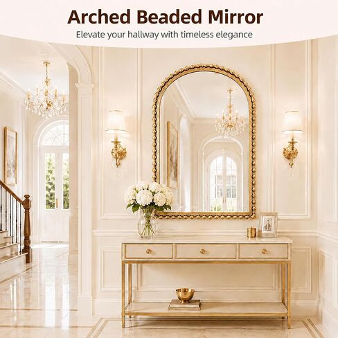 30x40 Inch Arched Wall Mirror, Antique Gold Beaded Metal Frame, Large Vertical Wall Mirror for Entryway, Bedroom or Hallway, Decorative Wall Mounted Mirror in Saudi Arabia