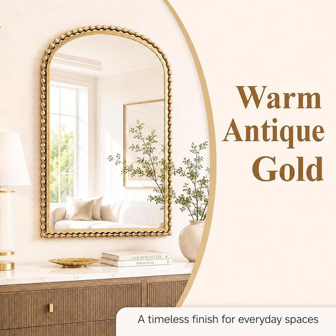 30x40 Inch Arched Wall Mirror, Antique Gold Beaded Metal Frame, Large Vertical Wall Mirror for Entryway, Bedroom or Hallway, Decorative Wall Mounted Mirror in Saudi Arabia