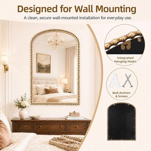 30x40 Inch Arched Wall Mirror, Antique Gold Beaded Metal Frame, Large Vertical Wall Mirror for Entryway, Bedroom or Hallway, Decorative Wall Mounted Mirror in Saudi Arabia