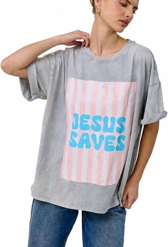 Womens Oversized Vintage Graphic T Shirt Tacked Rolled Sleeve Loose Fit Mineral Wash Casual Tee in Saudi Arabia