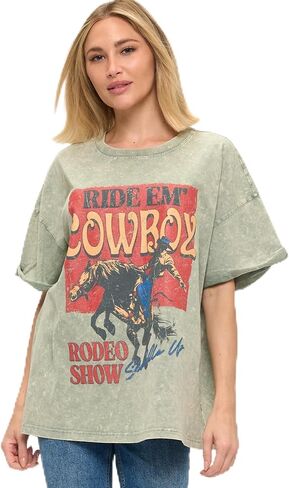 تي شيرت نسائي برسومات عتيقة كبيرة الحجم وأكمام ملفوفة فضفاضة تناسب الملابس المعدنية الكاجوال in Kuwait