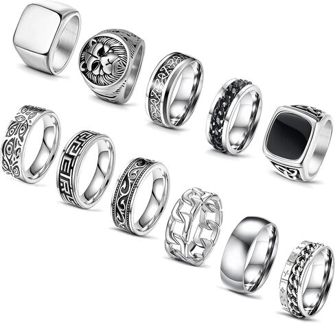 11Pcs Stainless Steel Vintage Signet Rings Square Signet Cuban Link Chain Chunky Thin Band Ring Silver Gold Polished Vintage Biker Rings for Men in Saudi Arabia