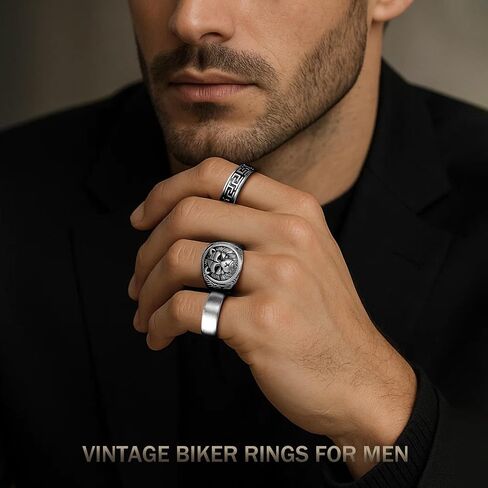 11Pcs Stainless Steel Vintage Signet Rings Square Signet Cuban Link Chain Chunky Thin Band Ring Silver Gold Polished Vintage Biker Rings for Men in Kuwait