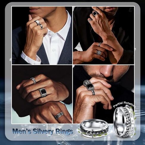 11Pcs Stainless Steel Vintage Signet Rings Square Signet Cuban Link Chain Chunky Thin Band Ring Silver Gold Polished Vintage Biker Rings for Men in Kuwait