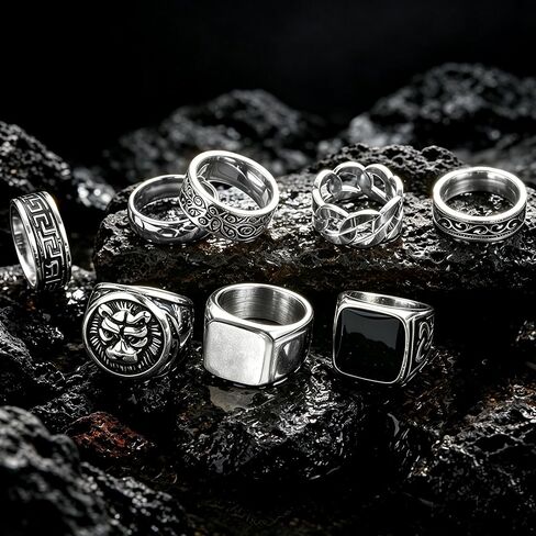 11Pcs Stainless Steel Vintage Signet Rings Square Signet Cuban Link Chain Chunky Thin Band Ring Silver Gold Polished Vintage Biker Rings for Men in Kuwait