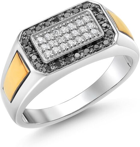 Gem Stone King Men's 925 Sterling Silver and 10K Yellow Gold Black Diamond and White Lab Grown Diamond Ring For Men | 0.43 Cttw | 9.5MM Width | Available In Size 7, 8, 9, 10, 11, 12, 13 in Kuwait