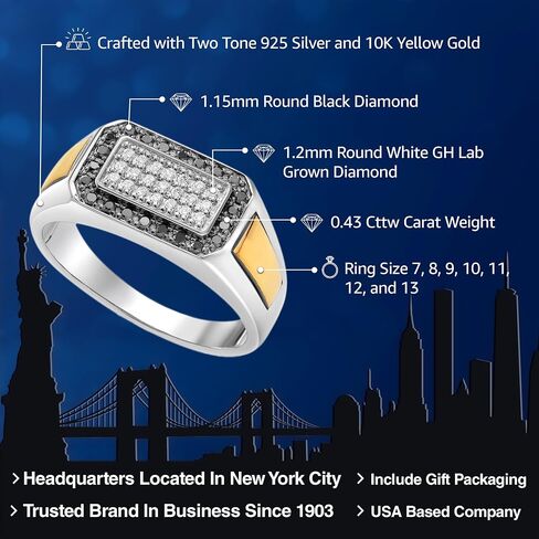 Gem Stone King Men's 925 Sterling Silver and 10K Yellow Gold Black Diamond and White Lab Grown Diamond Ring For Men | 0.43 Cttw | 9.5MM Width | Available In Size 7, 8, 9, 10, 11, 12, 13 in Kuwait