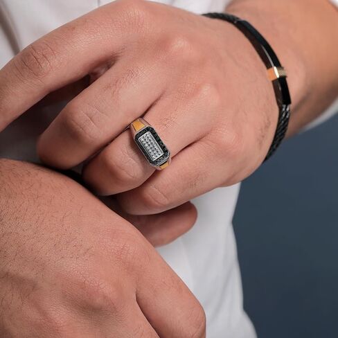 Gem Stone King Men's 925 Sterling Silver and 10K Yellow Gold Black Diamond and White Lab Grown Diamond Ring For Men | 0.43 Cttw | 9.5MM Width | Available In Size 7, 8, 9, 10, 11, 12, 13 in Kuwait