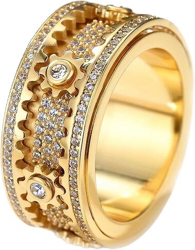 Spinner Ring for Women Men 14K Gold Plated Gear Fidget Ring with CZ Stones unique Rotatable Steampunk Anxiety Stress Relief Spinning Ring in Saudi Arabia