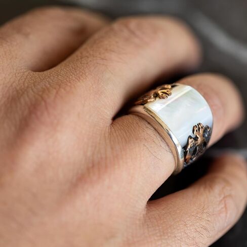 Men's 925 Silver Double Eagle Pattern Mother Of Pearl Gemstone Ring in Kuwait