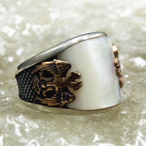 Men's 925 Silver Double Eagle Pattern Mother Of Pearl Gemstone Ring in Kuwait