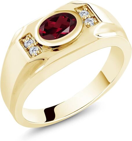Gem Stone King 18K Yellow Gold Plated Silver Red Rhodolite Garnet and White Moissanite Ring for Men | 1.50 Cttw | Gemstone January Birthstone | Oval 8X6MM | Size 7, 8, 9, 10, 11, 12, 13 in Kuwait
