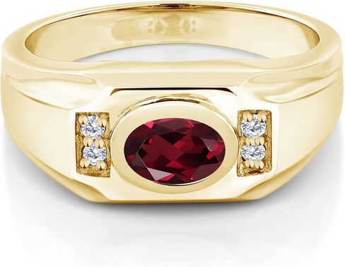 Gem Stone King 18K Yellow Gold Plated Silver Red Rhodolite Garnet and White Moissanite Ring for Men | 1.50 Cttw | Gemstone January Birthstone | Oval 8X6MM | Size 7, 8, 9, 10, 11, 12, 13 in Kuwait