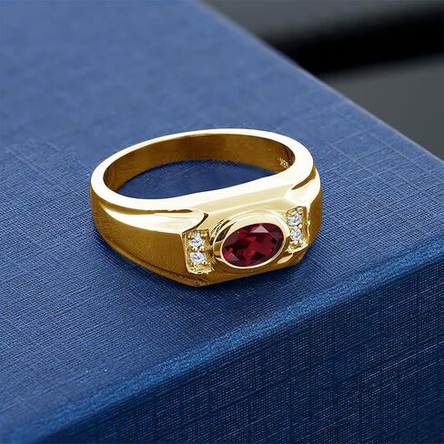 Gem Stone King 18K Yellow Gold Plated Silver Red Rhodolite Garnet and White Moissanite Ring for Men | 1.50 Cttw | Gemstone January Birthstone | Oval 8X6MM | Size 7, 8, 9, 10, 11, 12, 13 in Kuwait