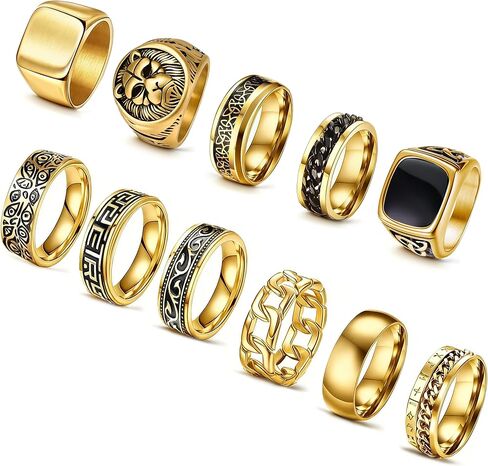 11Pcs Stainless Steel Vintage Signet Rings Square Signet Cuban Link Chain Chunky Thin Band Ring Silver Gold Polished Vintage Biker Rings for Men in Kuwait
