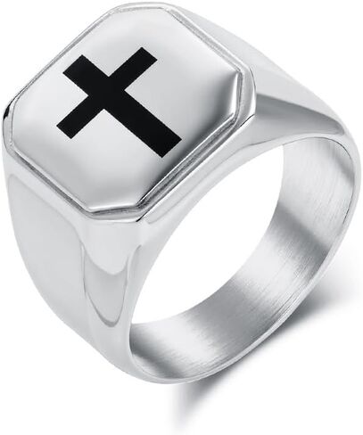 Cross Ring for Men Vintage Religious Christian Prayer Holy Ring Catholic Minimalist Polished Stainless Steel Signet Band Size 8-11 in Saudi Arabia