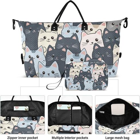 Cat Travel Gym Bag, Gray Cartoon Cats Weekender Overnight Duffle for Women with Toiletry Bag Travel Tote in Kuwait