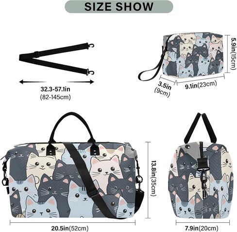 Cat Travel Gym Bag, Gray Cartoon Cats Weekender Overnight Duffle for Women with Toiletry Bag Travel Tote in Kuwait