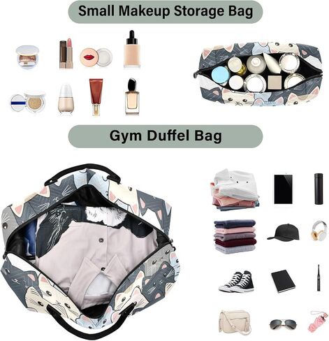 Cat Travel Gym Bag, Gray Cartoon Cats Weekender Overnight Duffle for Women with Toiletry Bag Travel Tote in Kuwait