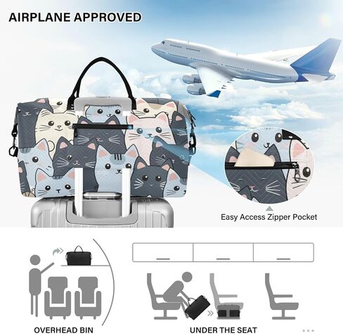 Cat Travel Gym Bag, Gray Cartoon Cats Weekender Overnight Duffle for Women with Toiletry Bag Travel Tote in Kuwait