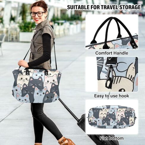 Cat Travel Gym Bag, Gray Cartoon Cats Weekender Overnight Duffle for Women with Toiletry Bag Travel Tote in Kuwait