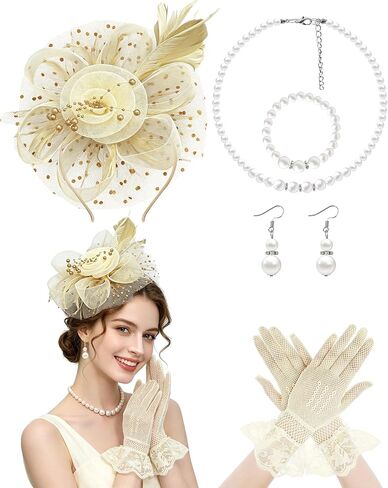 Fascinator Hat for Women Tea Party Headband Tea Party Headpiece and Lace Glove Set for Women 1920s Party in Kuwait