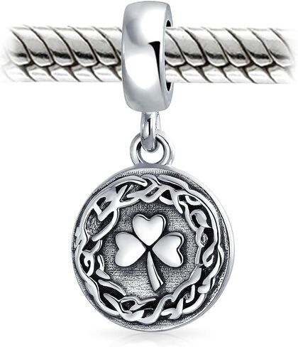 Bling Jewelry .925 Sterling Silver Round Disc Good Luck Celtic Knot Lucky Leaf Shamrock Irish Clover Dangle Bead Charm For Women Teen Oxidized for Bracelet in Saudi Arabia