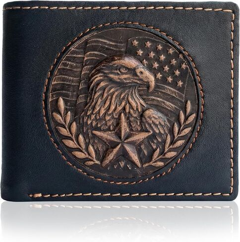 American Flag Leather Wallet for Men - 3D Embossed USA Bald Eagle With Star RFID Blocking Bifold, Western Vintage Slim Card Holder with ID Window (Black - With Coin Pocket) in Saudi Arabia