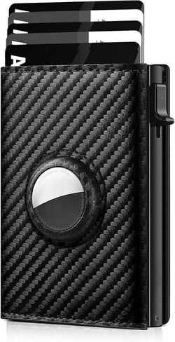 Mens Wallet with AirTag Holder – RFID Blocking Pop-Up Aluminum Case, Trifold, Compact Design, Minimalist, Up to 10 Cards & Cash, ID Window, MicroFiber Leather, Gift Box (Black) • in Saudi Arabia