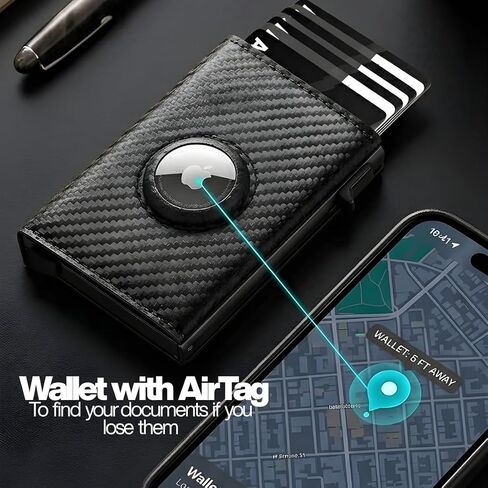 Mens Wallet with AirTag Holder – RFID Blocking Pop-Up Aluminum Case, Trifold, Compact Design, Minimalist, Up to 10 Cards & Cash, ID Window, MicroFiber Leather, Gift Box (Black) • in Saudi Arabia