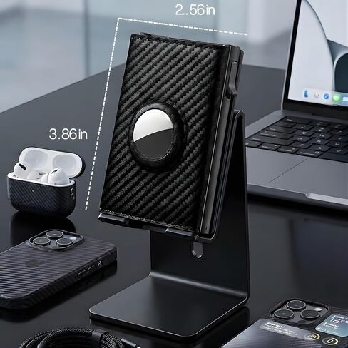 Mens Wallet with AirTag Holder – RFID Blocking Pop-Up Aluminum Case, Trifold, Compact Design, Minimalist, Up to 10 Cards & Cash, ID Window, MicroFiber Leather, Gift Box (Black) • in Saudi Arabia