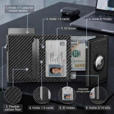 Mens Wallet with AirTag Holder – RFID Blocking Pop-Up Aluminum Case, Trifold, Compact Design, Minimalist, Up to 10 Cards & Cash, ID Window, MicroFiber Leather, Gift Box (Black) • in Saudi Arabia
