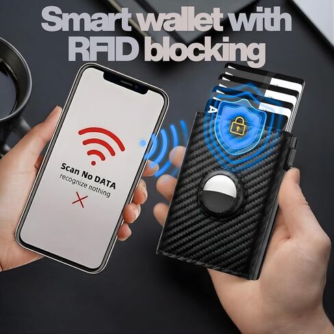 Mens Wallet with AirTag Holder – RFID Blocking Pop-Up Aluminum Case, Trifold, Compact Design, Minimalist, Up to 10 Cards & Cash, ID Window, MicroFiber Leather, Gift Box (Black) • in Saudi Arabia