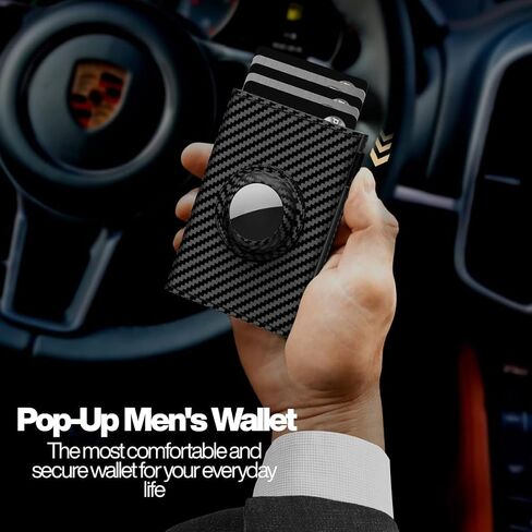 Mens Wallet with AirTag Holder – RFID Blocking Pop-Up Aluminum Case, Trifold, Compact Design, Minimalist, Up to 10 Cards & Cash, ID Window, MicroFiber Leather, Gift Box (Black) • in Saudi Arabia