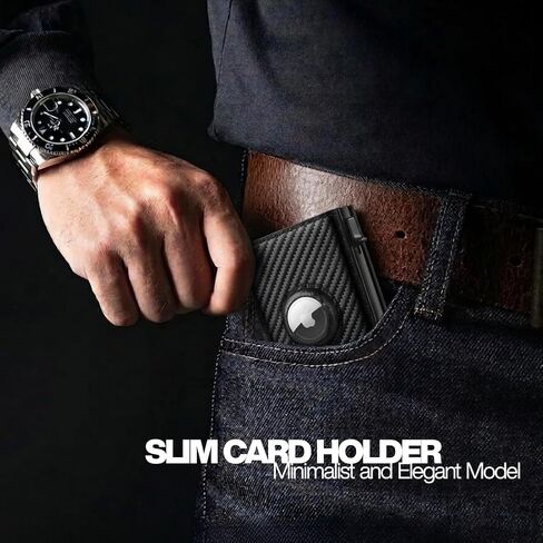 Mens Wallet with AirTag Holder – RFID Blocking Pop-Up Aluminum Case, Trifold, Compact Design, Minimalist, Up to 10 Cards & Cash, ID Window, MicroFiber Leather, Gift Box (Black) • in Saudi Arabia