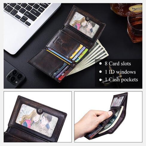 Trifold Wallets for Men RFID Blocking Full Grain Leather Short Mens Wallet with Snap Closure, 8 Card Slots, Clear ID Window, Vintage in Saudi Arabia