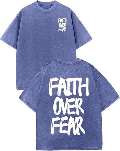 Boys Christian Faith Over Fear Shirt Jesus T Shirts for Kids Religious Oversized Graphic Tees Acid Wash Tshirt Tops in Saudi Arabia