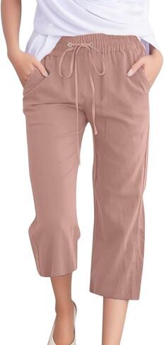 Linen Capris for Women Casual Summer Straight Wide Leg Loose Drawstring Elastic Waist Petite Pull On Pants for Women in Saudi Arabia